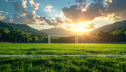Scenic Soccer Field at Sunset with Green Grass and Mountain Backdrop Radiating Sunlight in Cinematic HDR Sports Photography