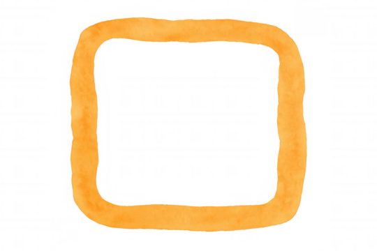 Orange watercolor hand drawn rounded square frame creating a border with rough edges on transparent background