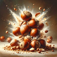 Hazelnuts exploding in a powder cloud