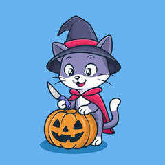 Cute Witch Cat Carving Halloween Pumpkin Illustration
