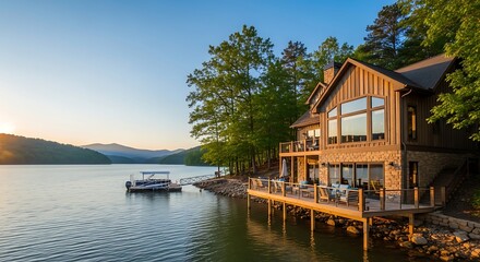 Obraz premium Waterfront home at sunset in a peaceful mountain lake setting