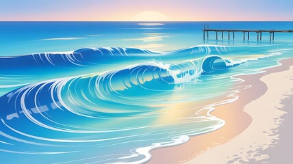 Gentle ocean waves roll onto a sandy beach at sunset with a distant pier