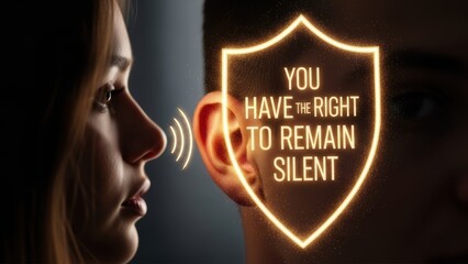 A woman whispering You have the right to remain silent into a man's ear.