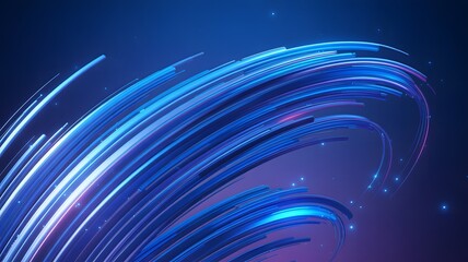 Abstract blue neon light trails swirling in dark space