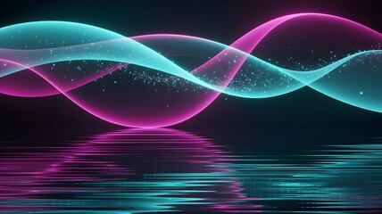 Abstract glowing neon waves reflecting on water surface