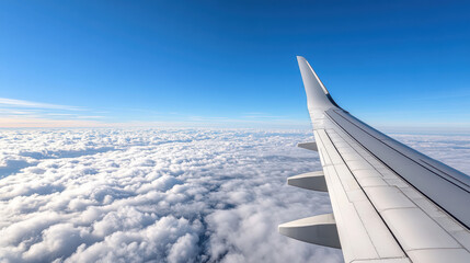 Fototapeta premium Aerial view of airplane wing above fluffy clouds clear blue sky, evoking sense of freedom