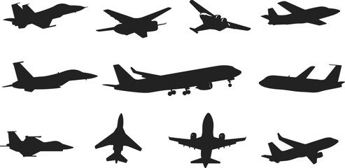 Silhouette collection of various military aircraft, passenger airplanes, jet planes, fighter jets, warplanes, commercial airplanes isolated on white background