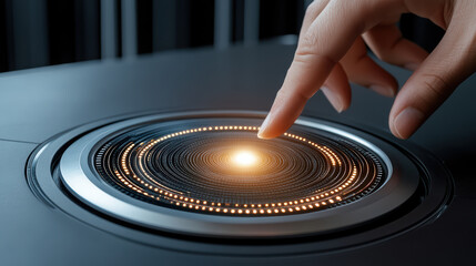 Close up of biometric scanner with glowing lights and finger touching surface, showcasing