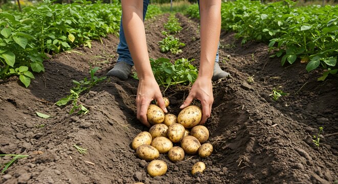 Hands harvesting potatoes