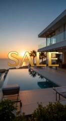 Fototapeta premium Stunning beachfront property for sale, featuring a luxurious pool and modern architecture against a breathtaking sunset.
