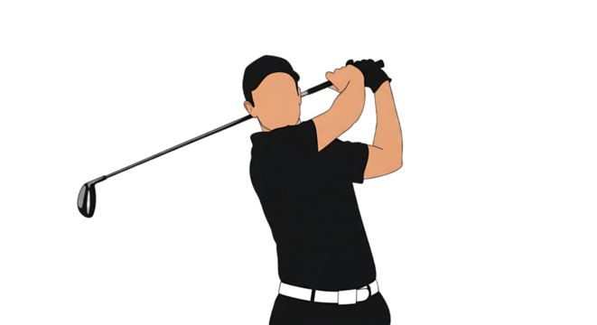 Silhouette of a golfer mid-swing with a club against a white background
