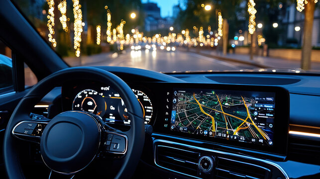 Close up of digital navigation screen in car, illuminated street, evening ambiance, city lights - Powered by Adobe
