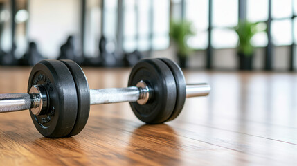 Naklejka premium Close up of dumbbell on gym floor, showcasing fitness equipment and workout environment