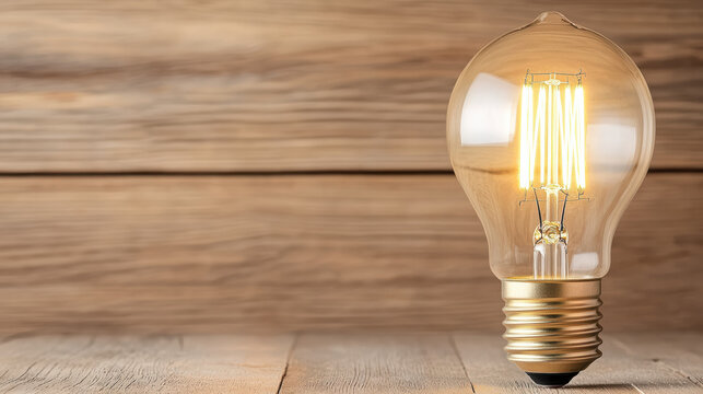 Bright LED bulb illuminating wooden background, showcasing energy efficiency and modern design - Powered by Adobe