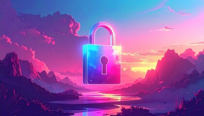 A vibrant digital landscape showcases a glowing lock, suggesting security and a serene atmosphere.