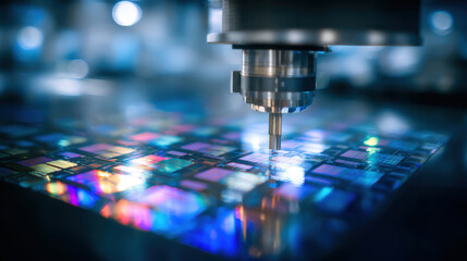 High tech machinery focuses silicon wafer, showcasing intricate patterns and vibrant colors. scene captures precision and detail of semiconductor manufacturing, evoking sense of innovation