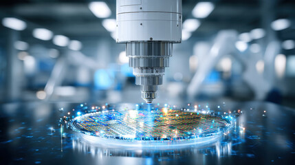 Obraz premium High tech robotic arm hovers over circular silicon wafer, showcasing intricate patterns and vibrant colors. scene captures essence of advanced semiconductor manufacturing, highlighting precision