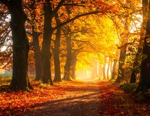Fototapeta premium Autumnal pathway bathed in golden light