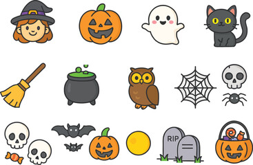 Flat Halloween Icon Set – Witch, Pumpkin, Ghost, Cat, and Spooky Elements