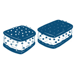 Two delicious hand drawn ice cream sandwiches in a detailed blue and white style