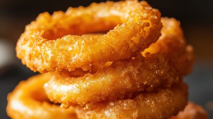 Stack of crispy fried onion rings, a delicious and savory snack or appetizer