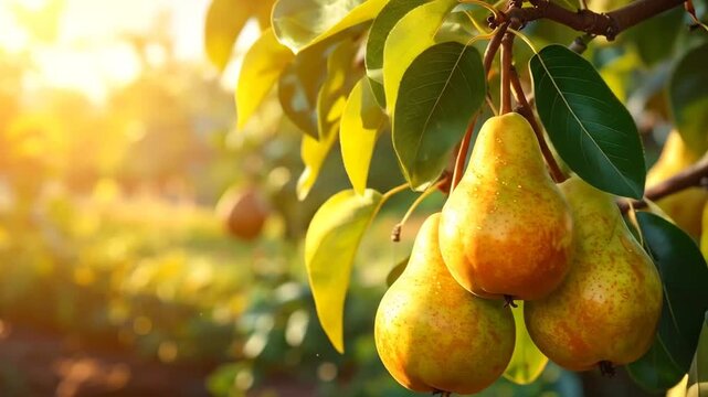 Sun-Kissed Pears: A Visual Journey Through an Orchard at Golden Hour with Fresh Pears
