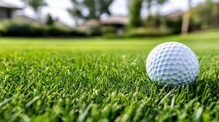 Obraz premium Close up of golf ball on green grass, showcasing serene outdoor setting