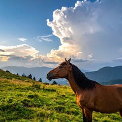 Fototapeta premium Majestic horse on mountaintop at sunset
