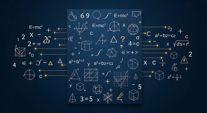 Complex mathematical formulas and shapes cover a dark blue background, interconnected by light lines.