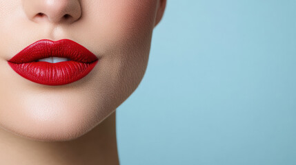Obraz premium Vibrant red lips with matte finish against soft blue background create striking visual appeal