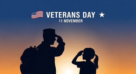 Veterans Day image with a soldier and child saluting against a sunset backdrop.