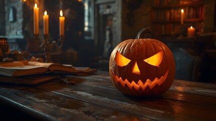 Obraz premium Magical Halloween Pumpkin in Gothic Library