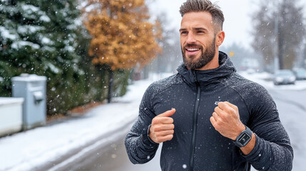 Active man running in winter snow, wearing black jacket and smartwatch, smiling happily