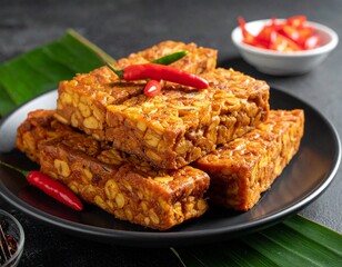 Delicious Fried Tempeh Dish Garnished with Spicy Red Chilies on a Dark Plate