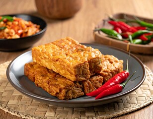 Delicious Crispy Fried Tofu Cutlets Garnished with Red Chili Peppers and Side Dish