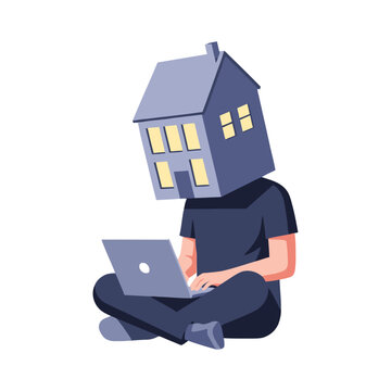Person with house head using laptop, sitting cross-legged, isolated on white.