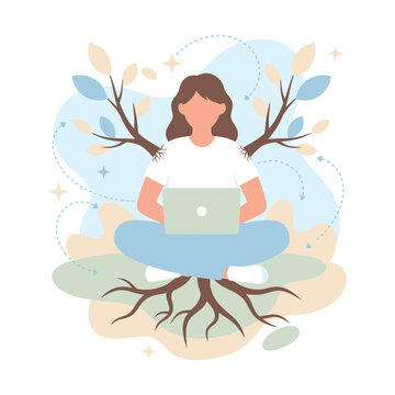 Woman working on a laptop, surrounded by stylized tree branches and roots, symbolizing growth and productivity.