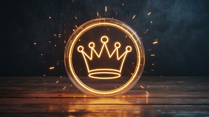 Crown icon glows on wood. Symbolizes royalty, success, leadership. Concept for marketing, web design, power brands, luxury products, editorial use.