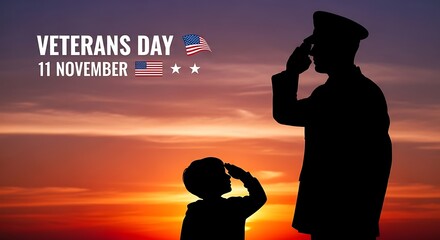 Veterans Day image with a soldier and a child saluting against a sunset backdrop.