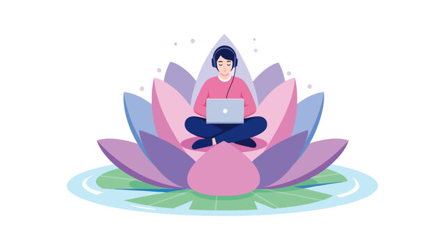 A person sitting cross-legged on a lotus flower, working on a laptop, with headphones.