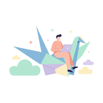 Illustration of a person sitting on a paper crane while using a laptop.