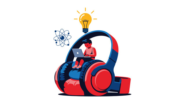 A child sits in large headphones, working on a laptop, with a lightbulb and atom graphic above, suggesting learning and innovation.