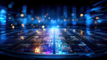 Futuristic digital circuit board with vibrant lights and glowing blue background creates sense of advanced technology and innovation. intricate patterns and colors evoke feeling of high tech