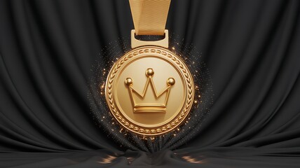 Golden medal presents royalty concept against black cloth backdrop. Use for marketing, design, web.