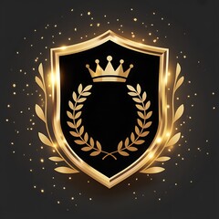 Golden emblem shines against dark backdrop. Features shield, laurel wreath, crown, sparkles. Ideal for logos, badges, awards, luxury branding.