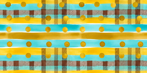 Colorful teal, yellow and orange plaid and polka dot stripes in a playful scrapbook style
