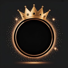 Golden crown sits above round frame. Represents luxury, royalty. Great for graphic design, marketing materials, web use, cards, invitations.