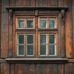 Fototapeta premium A detailed close-up of a wooden window on a rustic building, showcasing the beauty of aged wood and architectural detail. The window is framed by decorative trim, enhancing the classic design.