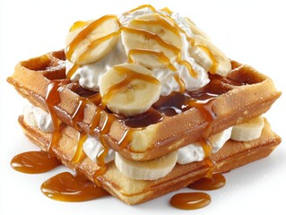 A mouthwatering stack of waffles adorned with banana slices, whipped cream, and drizzled caramel sauce, offering a tempting treat