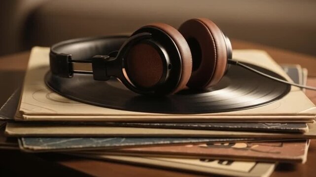 Retro headphones resting on stack of vinyl records